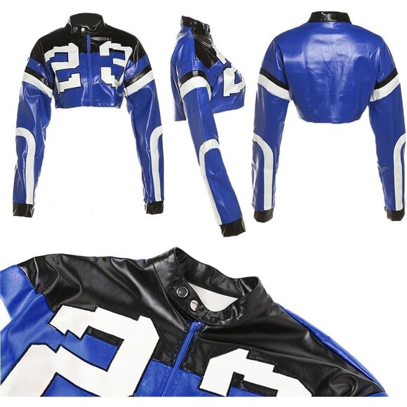 Womens Blue VOIKERDR Faux Leather Cropped Motorcycle Bomber Y2K Street Jacket - Picture 5 of 6